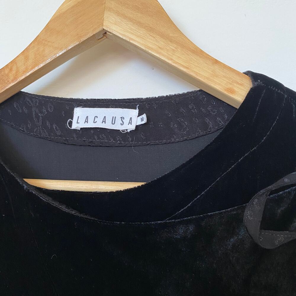 Lacausa Black Velvet Wrap Dress Pockets Long Sleeve Partially Lined Adjustable - Picture 7 of 11
